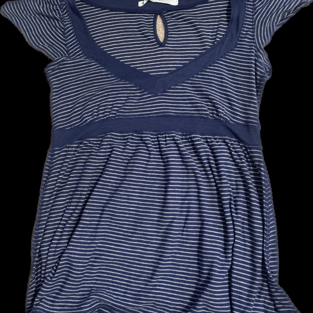vintage navy blue & white striped neckline babydoll flowy short sleeve top